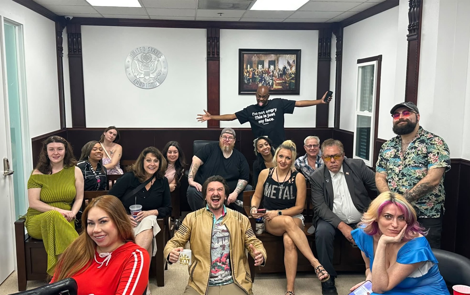 Creators and Network Media Actors gathered on the U.S. Courtroom set at Network Media Studios